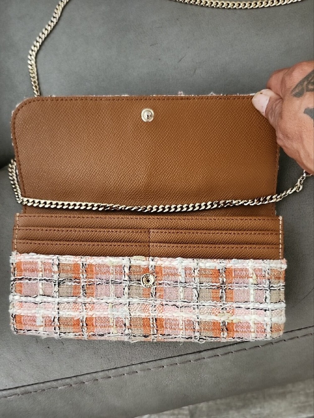 Furla Tweed Crossbody Bag in Pink, White & Brown with Chain Strap - Picture 11 of 11